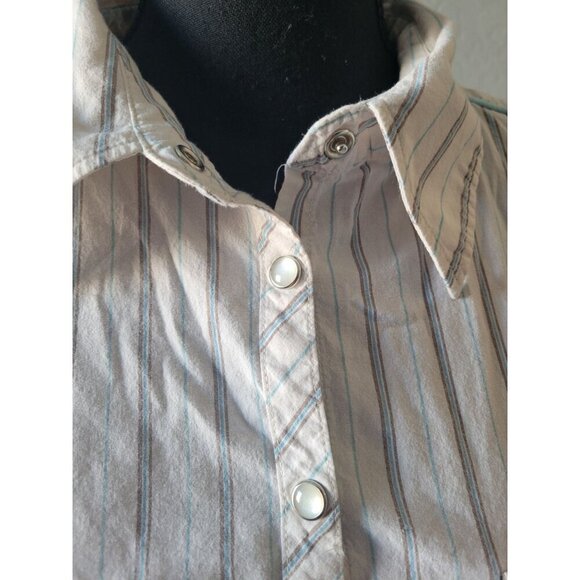 Harley-Davidson White Striped Short Sleeve Pearl Snap Button Down Top Size M - Picture 2 of 11
